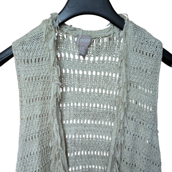 Chicos Tan Fringe Open Knit Cardigan Vest Size 2 Large - Picture 2 of 10